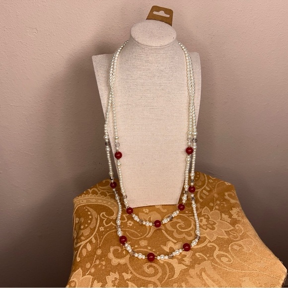 LAYERED BEADED NECKLACE RED IVORY WHITE 30” VINTAGE RETRO - Picture 6 of 9